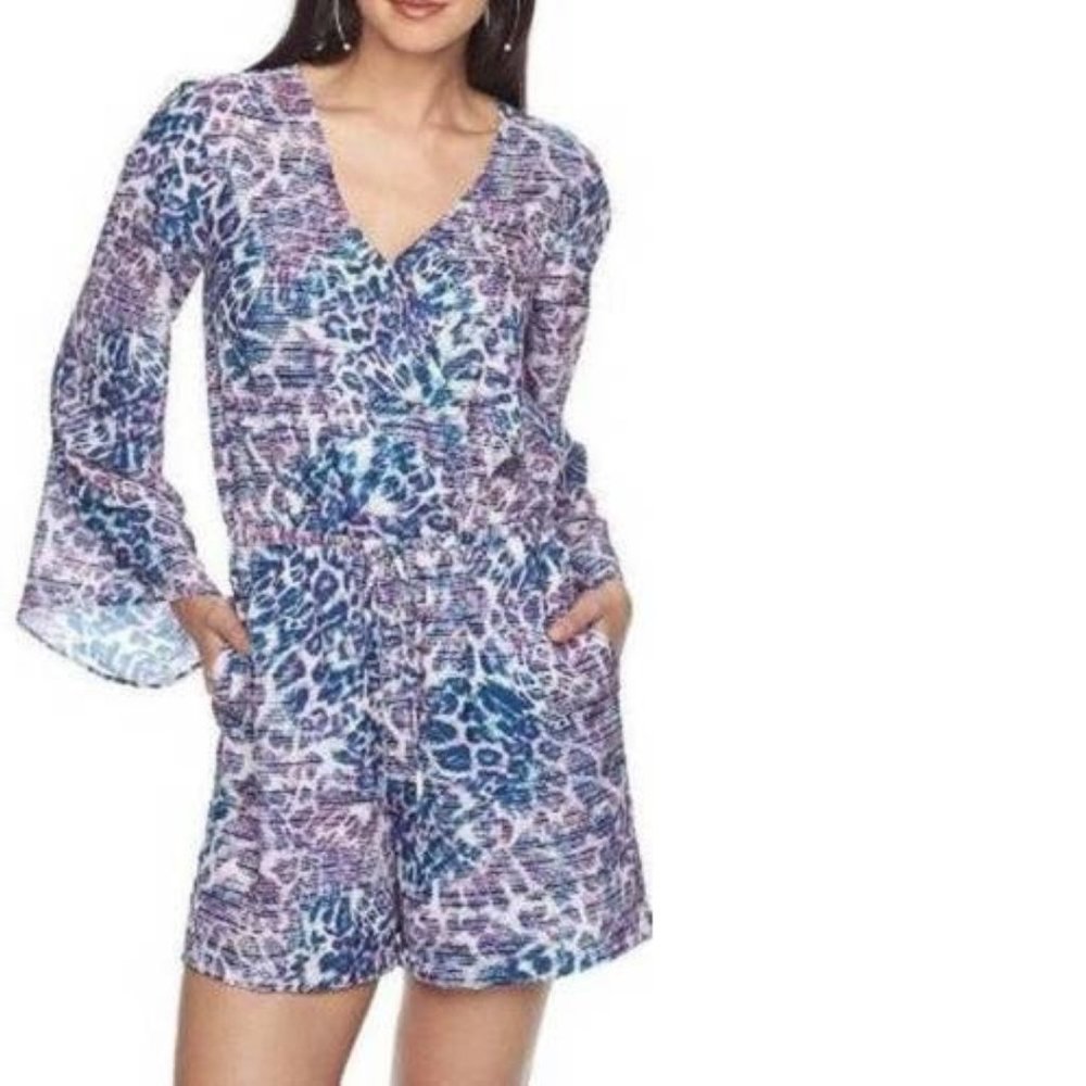 Womens Romper Jennifer Lopez Purple Large Cheetah Long Sleeve Dress Shorts
